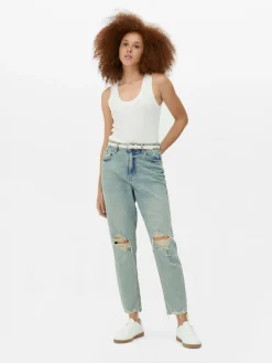 Jean Mom En Denim Déchiré