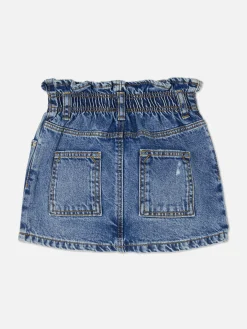 Jupe En Jean à Taille Froncée Effet Vieilli