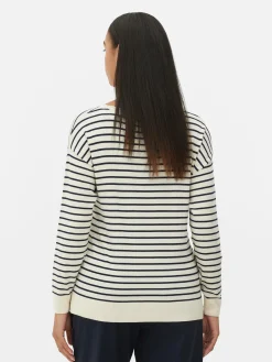 Pull Col Bateau à Rayures En Maille Fine