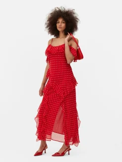 Robe Mi-longue à Volants Et à Pois