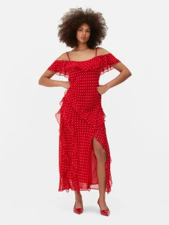 Robe Mi-longue à Volants Et à Pois