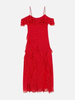 Robe Mi-longue à Volants Et à Pois