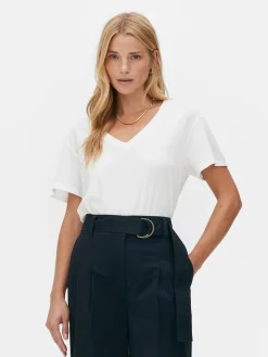 T-shirt à Col En V En Coton Mélangé