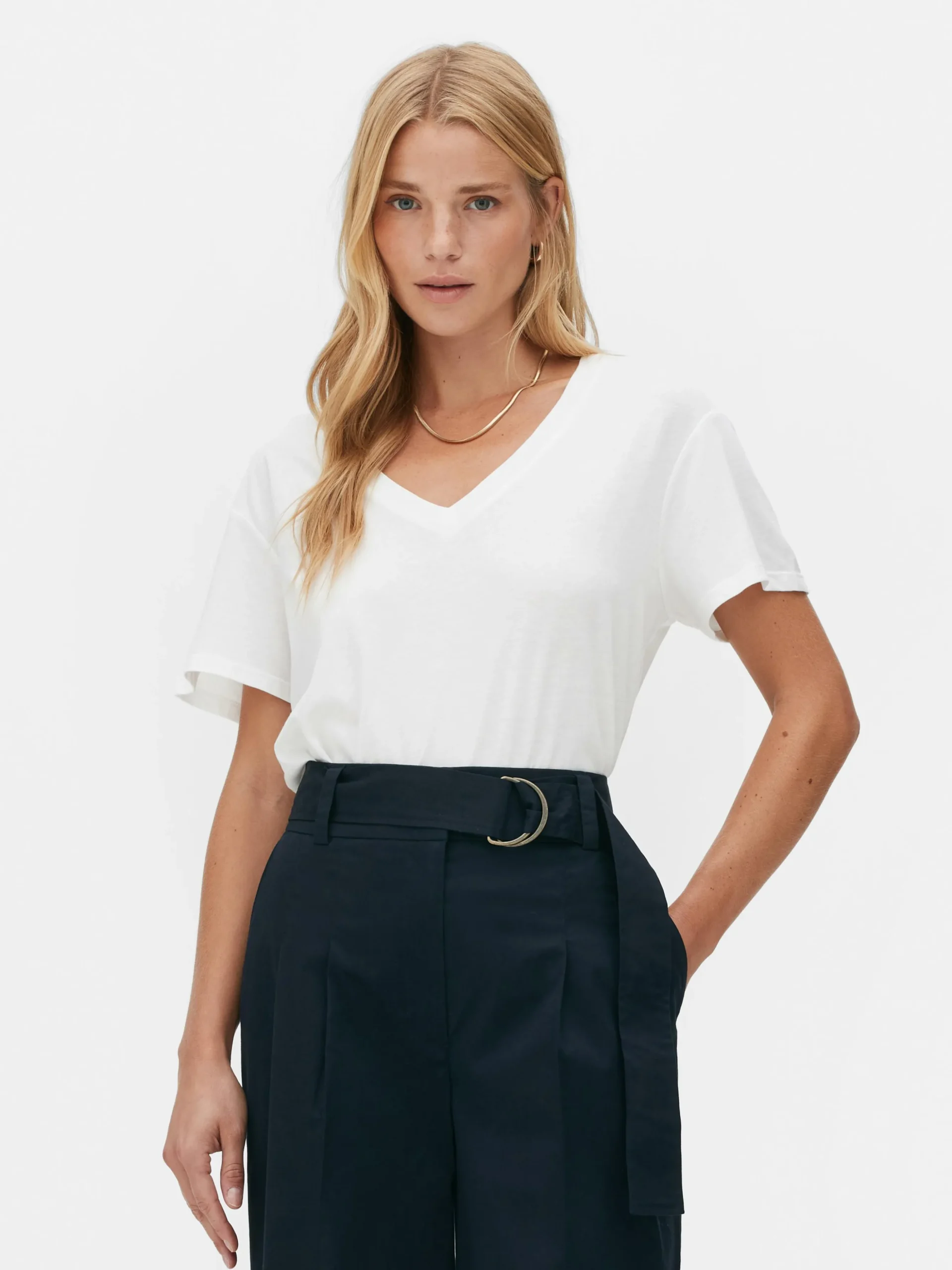 T-shirt à Col En V En Coton Mélangé