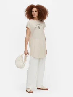 T-shirt Long Imprimé à Manches Courtes